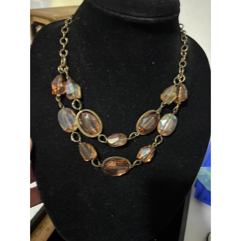 vtg two strand necklace with amber tone faceted crystal beads